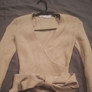 Zara Light Beige Knit Wrap Top